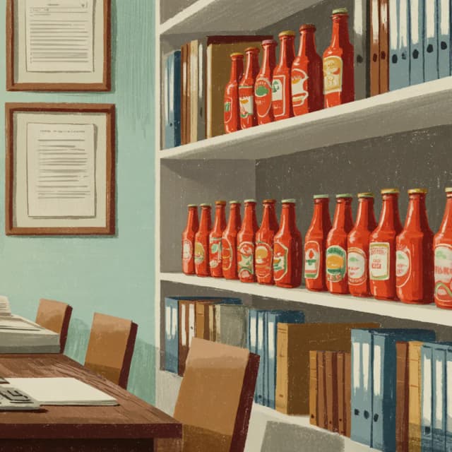 Ketchup bottles on office shelves
